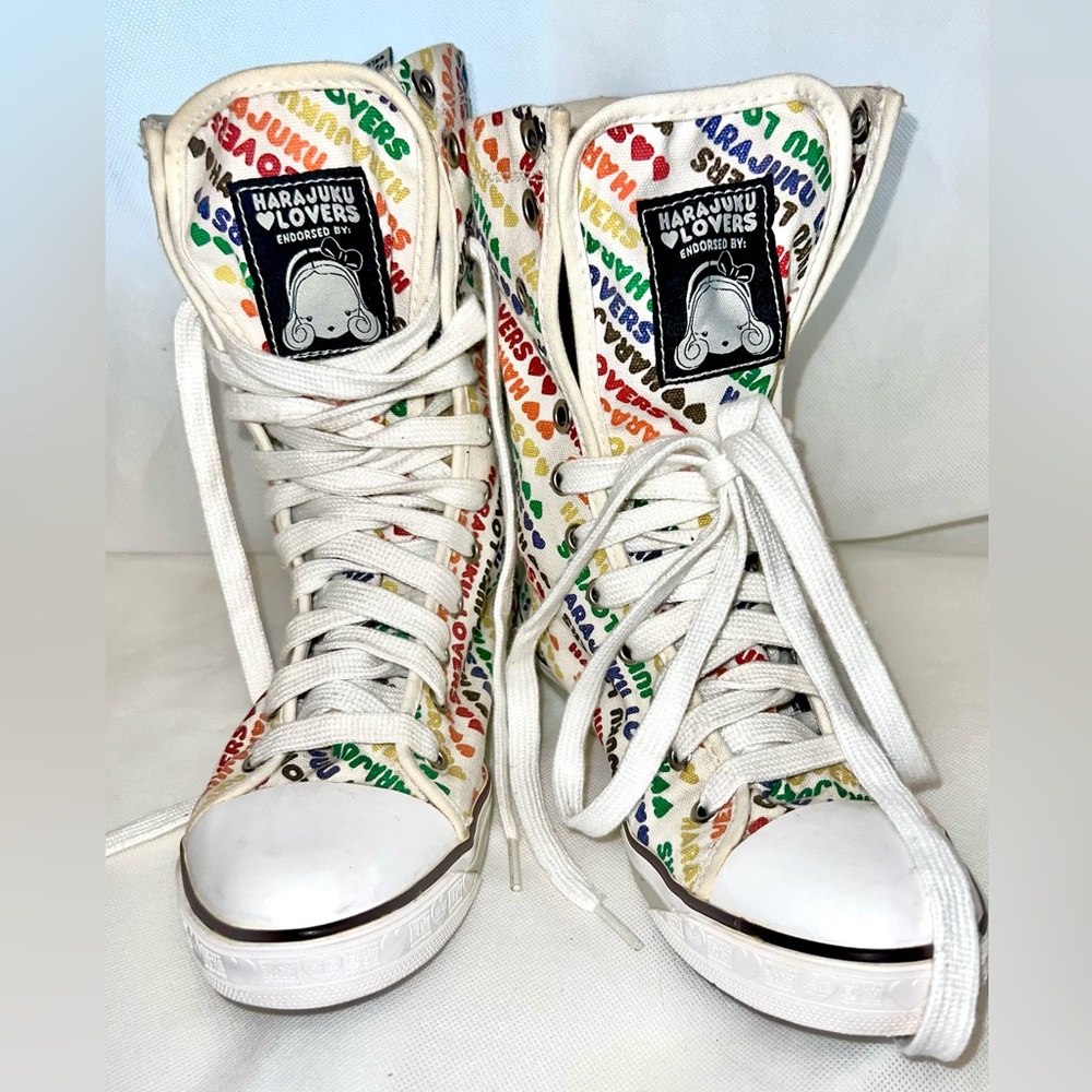 Collectors item Harajuku Lovers by Gwen Stefani rainbow fold over high tops